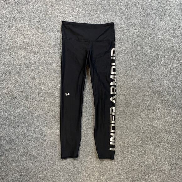 Under Armour Leggings Womens S Small Black White HeatGear Spellout Logo Sides - Picture 2 of 10